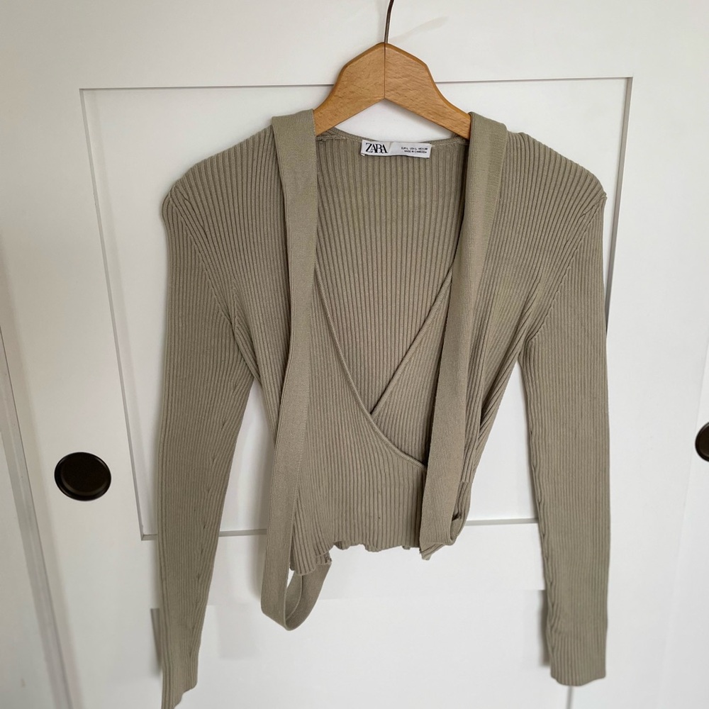 Zara Ribbed Wrap V-Neck Sweater in Olive Green